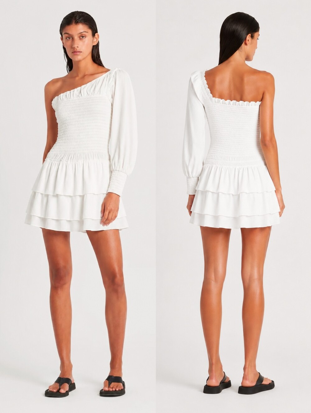SIR THE LABEL White Silk One Shoulder Tiered Smocked Dress